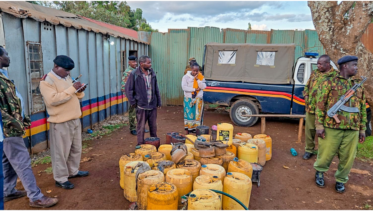 Police seize illicit brew during a raid in Igembe Central, Meru County